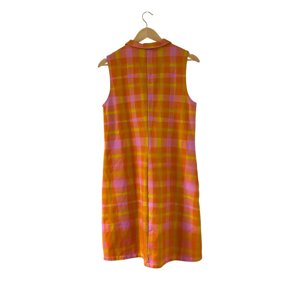 Lesley Evers Large Orange Pink Plaid Sleeveless Shift Dress Collared Retro - Picture 2 of 7